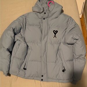 Ami Sky Blue Puffer Jacket with Heart Detail